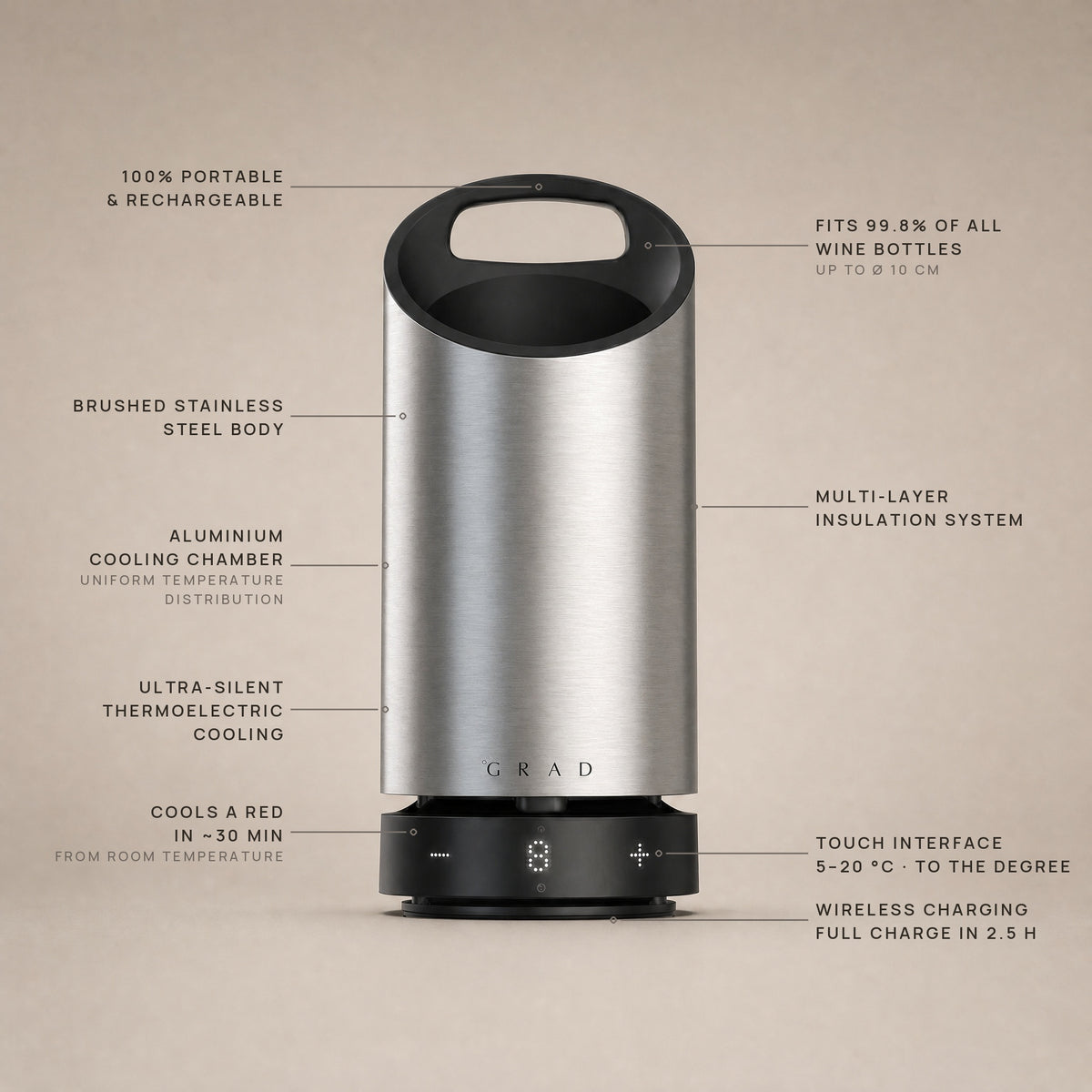 GRAD No.1 Steel Series features: solid brushed stainless steel, active cooling 5 to 20°C, 20-hour battery